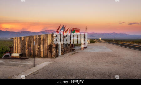 COOL SPRINGS, ARIZONA, USA - MAY 19, 2016: Rebuilt Cool Springs station in the Mojave desert on historic route 66 at sunset.