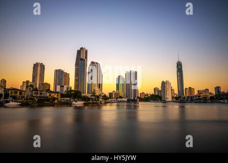 Sunset skyline of Gold Coast downtown in Queensland, Australia. Long exposure. Stock Photo