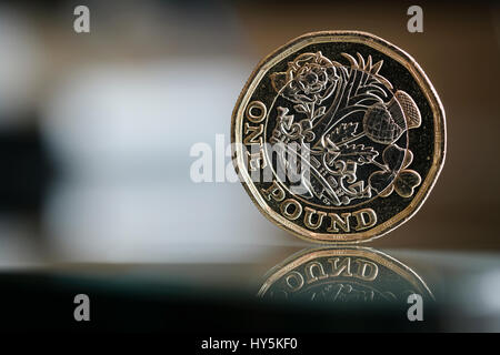 single one pound coin stood on its end Stock Photo