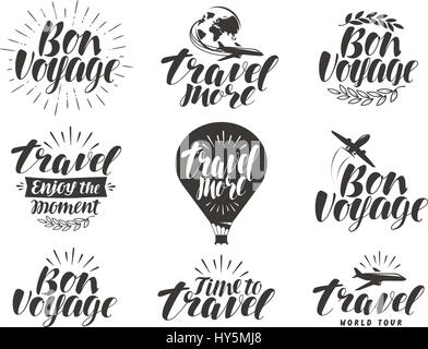 Travel, label set. Journey symbol or icon. Beautiful handwritten lettering vector illustration Stock Vector