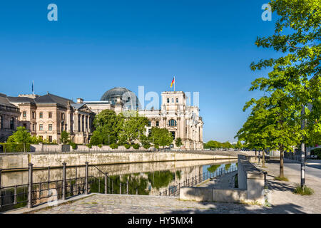 Reichstag at the river Spree, Government District, Berlin-Mitte, Berlin, Germany Stock Photo