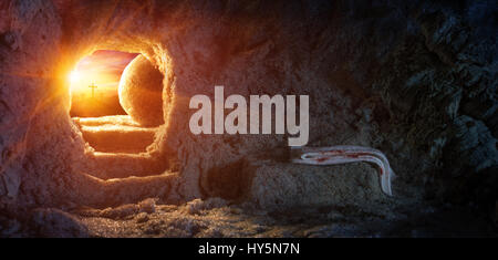 Tomb Empty With Shroud And Crucifixion At Sunrise - Resurrection Of Jesus Stock Photo