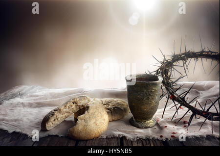 Communion And Passion - Unleavened Bread Chalice Of Wine And Crown Of Thorns Stock Photo