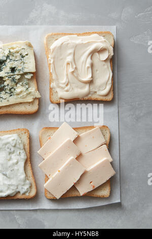 Assorted cheeses on toasts Stock Photo