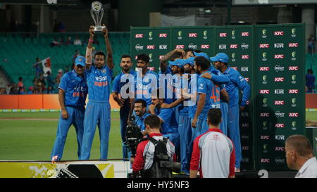 Indian cricket team celebrating the win. Indian team won the T20 cricket series against Australia in Sydney Australia Stock Photo