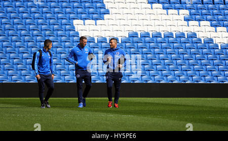 Brighton & Hove Albion's Biram Kayal (left), David Stockdale (centre) and Tomer Hemed arrive before the Sky Bet Championship match at the Amex Stadium, Brighton. Stock Photo