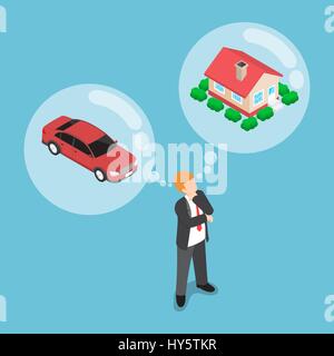 Flat 3d isometric businessman dreaming about house and car, daydreaming, future financial plan concept Stock Vector