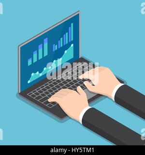 Flat 3d isometric businessman hands using laptop with financial report graph on monitor, online marketing and computer technology concept Stock Vector