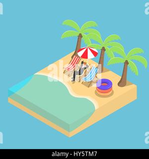 Flat 3d isometric businessman relaxing on the beach, relax and going on a vacation concept. Stock Vector