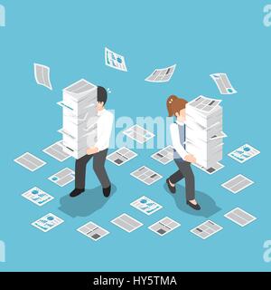 Flat 3d isometric stressful businessman holding stack of paper, overload work and very busy concept Stock Vector
