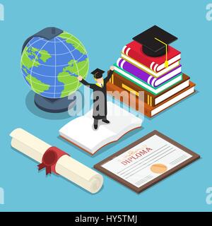 Flat 3d isometric smart people in graduation suit with graduate cap on top of book and graduate diploma certificate, education concept Stock Vector