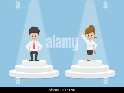 Businessman and Businesswoman Standing and Shining on Pedestal, Confidence and Success Concept Stock Vector