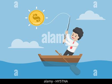 Businessman catching dollar coin by fishing rod. Pursuit of income and business success concept. Stock Vector