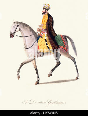 Vintage colour engraving from 1819 showing an Afghan Dooraunee Gentleman on horseback Stock Photo