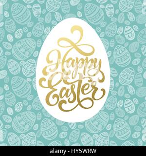 Happy Easter Golden lettering on seamless Egg background. Vector illustration Stock Vector