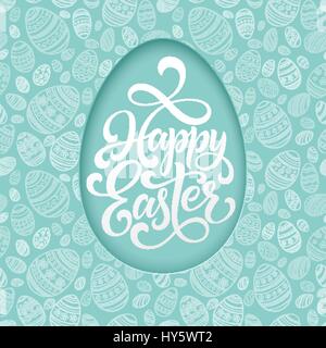 Happy Easter lettering on blue seamless Egg background. Vector illustration Stock Vector
