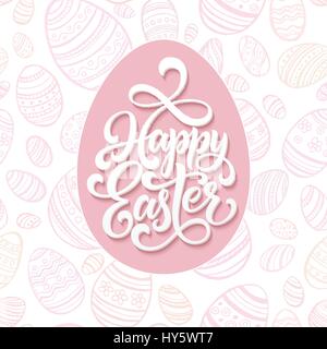 Happy Easter lettering on pink seamless pattern eggs background. Vector illustration Stock Vector