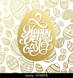 Happy Easter greeting lettering on golden seamless egg pattern. Vector illustration Stock Vector