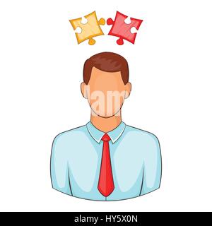 Man with puzzles over his head icon, cartoon style Stock Vector