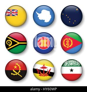 Set of world flags round badges ( Niue . Antarctica . Alaska . Vanuatu . ASEAN . Eritrea . Angola . Brunei Darussalam . Somaliland ) Stock Vector
