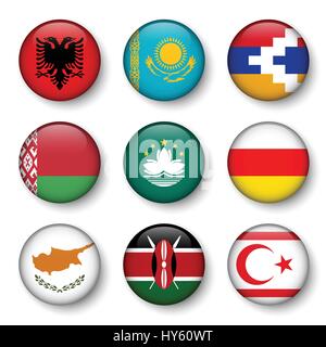 Set of world flags round badges ( Albania . Kazakhstan . Nagorno-Karabakh . Belarus . Macao . South Ossetia . Cyprus . Kenya . Northern Cyprus ) Stock Vector
