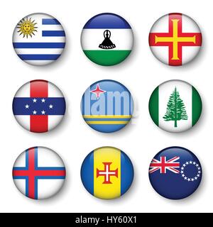 Set of world flags round badges ( Uruguay . Lesotho . Guernsey . Netherlands Antilles . Aruba . Norfolk Island . Faroe Islands . Madeira . Cook Island Stock Vector