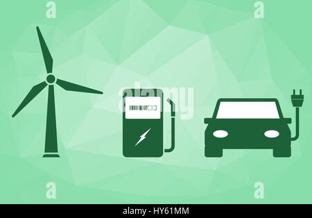 Wind turbine, charging station, electric car. Electric car concept (green energy) on the low poly background. Eolic energy, wind power,clean energy Stock Vector