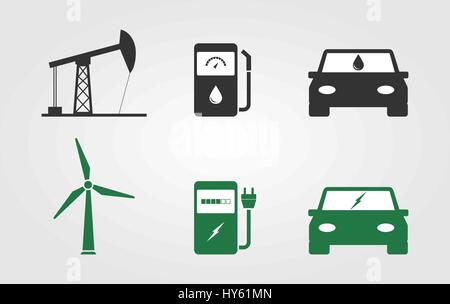 Green energy vs Fossil energy concept. Oil rig, gas station, car, wind turbine, electrical charging station, electric car,icons. Alternative energy Stock Vector