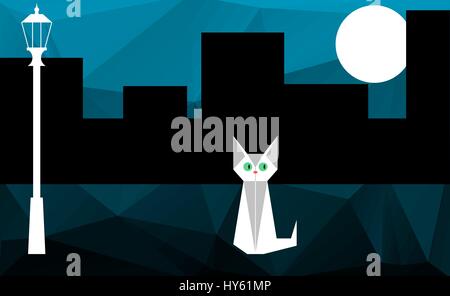White cat in the city at night. Waiting for someone. Date. Origami style, low poly background. Night in the city.Cute cat in the street with lamp post Stock Vector