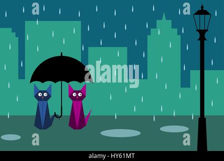 Two cats in the rain. Cat is holding an umbrella in the rain. Cute romantic scene in the city street with the lamppost. Romantic date concept. Vector Stock Vector