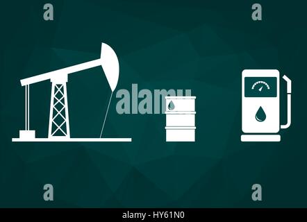 Fossil energy concept on the low poly background. Oil rig, oil barrel, gas station, icons. Oil and petroleum symbols. Oil industry, fossil fuels. Stock Vector