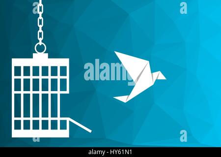 White origami bird is escaping the cage on the blue low poly background. Escape, freedom, independence, liberation, spread wings, concept. Vector Stock Vector