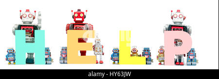 The word   Help held by retro robots isolated on white Stock Photo