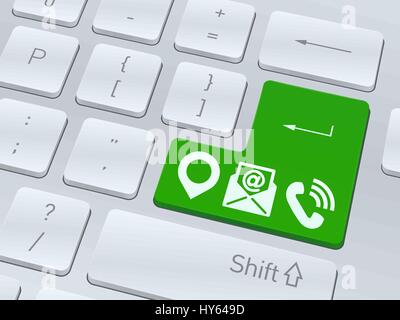 “Contact us” concept design on button of white computer keyboard for your corporate projects. Vector illustration background. Stock Vector