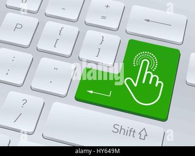 Hand click concept design on button of white computer keyboard for your corporate projects. Vector illustration background. Stock Vector