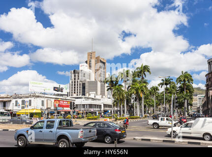 PORT LOUIS, MAURITIUS - NOVEMBER 18, 2016: Cars drive in the modern business center of Port Louis, Mauritius capital city. It is an important offshore Stock Photo