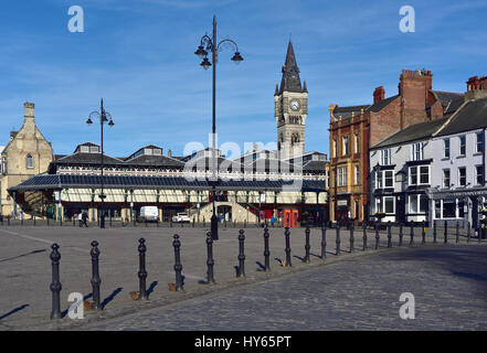 Darlington centre, with the clock tower designed by Alfred Waterhouse and gifted by Joseph Pease Stock Photo