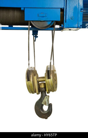 Industrial crane hook hanging with sling in factory isolated on white background Stock Photo