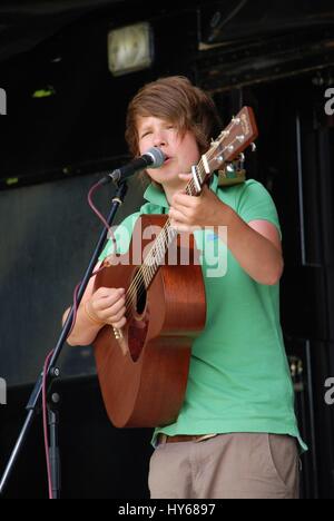 Luke Jackson, British folk and roots singer/songwriter, performs at the Tentertainment music festival at Tenterden in Kent, England on July 3, 2010. Stock Photo