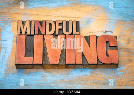 mindful living word abstract in letterpress wood type against grunge wooden background Stock Photo