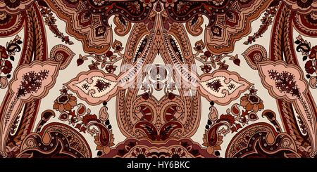 Traditional  paisley pattern. Abstract geometric oriental ornament. Cinnamon brown tones on ecru background. Textile design. Stock Vector