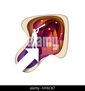 Business opportunities concept illustration. Businessman is searching the sky with telescope. Paper art style vector illustration. Elements are layere Stock Vector