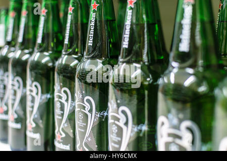 Nowy Sacz, Poland - March 29, 2017: Heineken Beer on store shelves for sale in a Tesco Hypermarket. Heineken is famous Dutch brewing company. Stock Photo