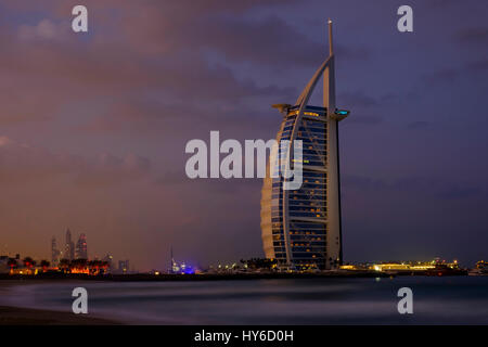 UNITED ARAB EMIRATES, DUBAI - CIRCA JANUARY 2017:  Burj Al Arab at dawn, the only 7 star hotel in the world. Stock Photo