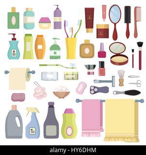Beauty care related object set. Hygiene symbols. Bath supplies, shower, tooth care, brushes, towel and razors. Stock Vector