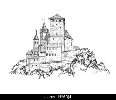 Ancient castle landscape engraving. Tower building sketch skyline Stock ...