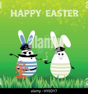 Easter. Rabbits-eggs in the grass on a green background in the hands of a ball from the ship sailors. Illustration for your design Stock Vector