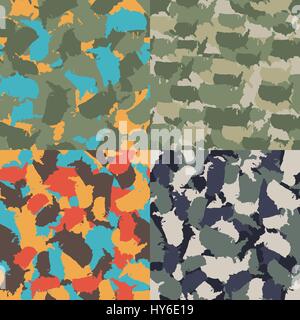 Colorful America urban camouflage. Set of USA shape camo seamless pattern. Vector fabric textile. Military print design Stock Vector