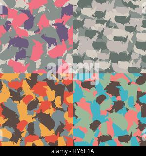 Set of USA shape camo seamless pattern. Colorful America urban camouflage. Vector fabric textile print design Stock Vector