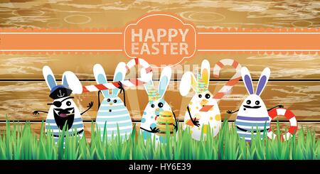 Easter. Rabbit-eggs with funny cute faces in the grass. On a wooden fence background. Holiday with sweets. Illustration for your design Stock Vector